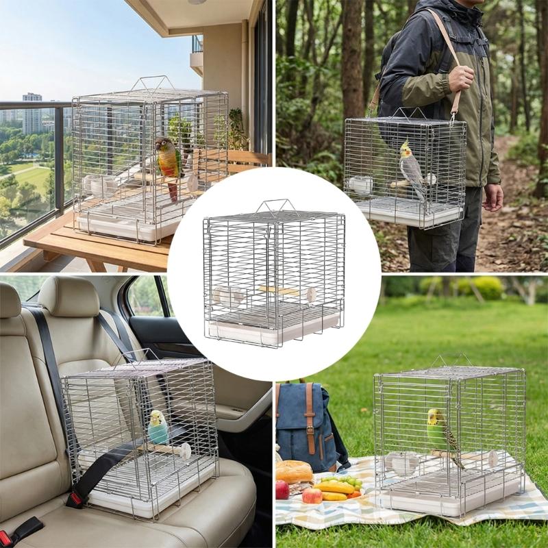 Stainless Steel Folding Bird Cage Portable Travel Carriers Easy Transportation Cage For Small Pet Outdoor Use P9YB