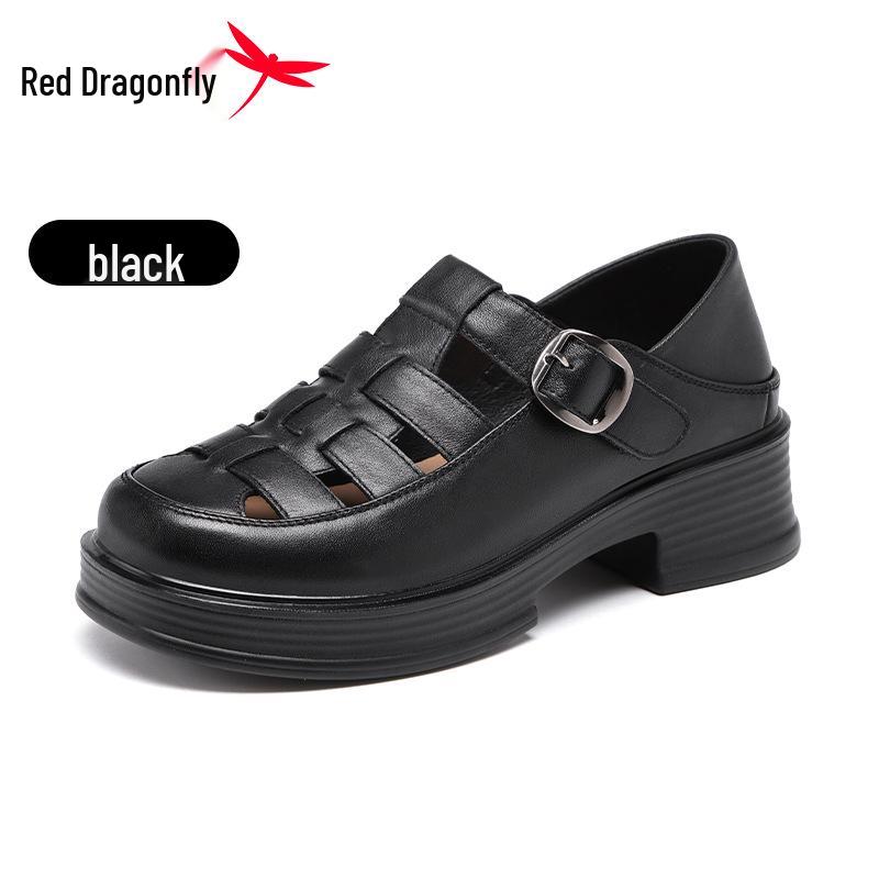 Red Dragonfly Women s Genuine Leather Closed-Toe Roman Sandals - Thick-Soled, Perforated, 2026 Summer Style 36