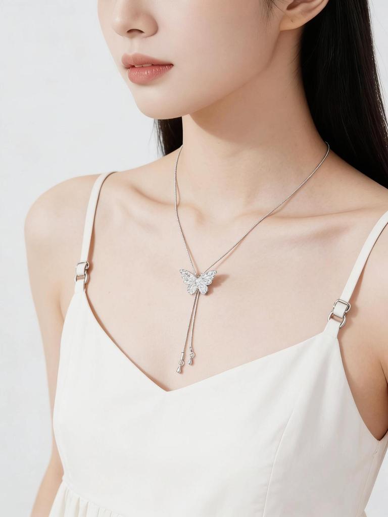 Silver Long Tassel Butterfly Necklace Women Can Pull Adjustment Spice Girl Collarbone Chain Niche High-End Light Luxury Accessories