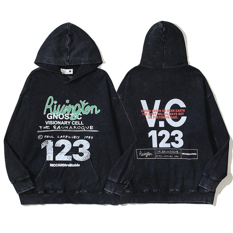 2024 American High Street Trendy Brand Vintage Distressed Washed INS Print Hoodie Loose Hoodie Unisex Trendy Brand