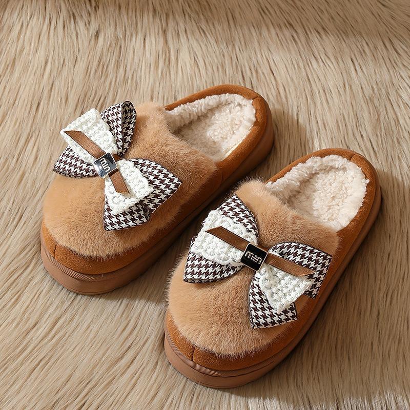 Bow Cotton Slippers Women's Winter Indoor Home Thick Bottom Warm Cute Plush Household Cotton Mop