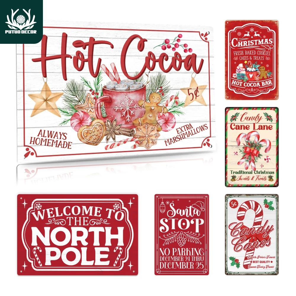 Putuo Decor pc Vintage Metal Tin Sign Hot Cocoa Welcome to the North Pole Santa Stop for Xmas Party Christmas Gift