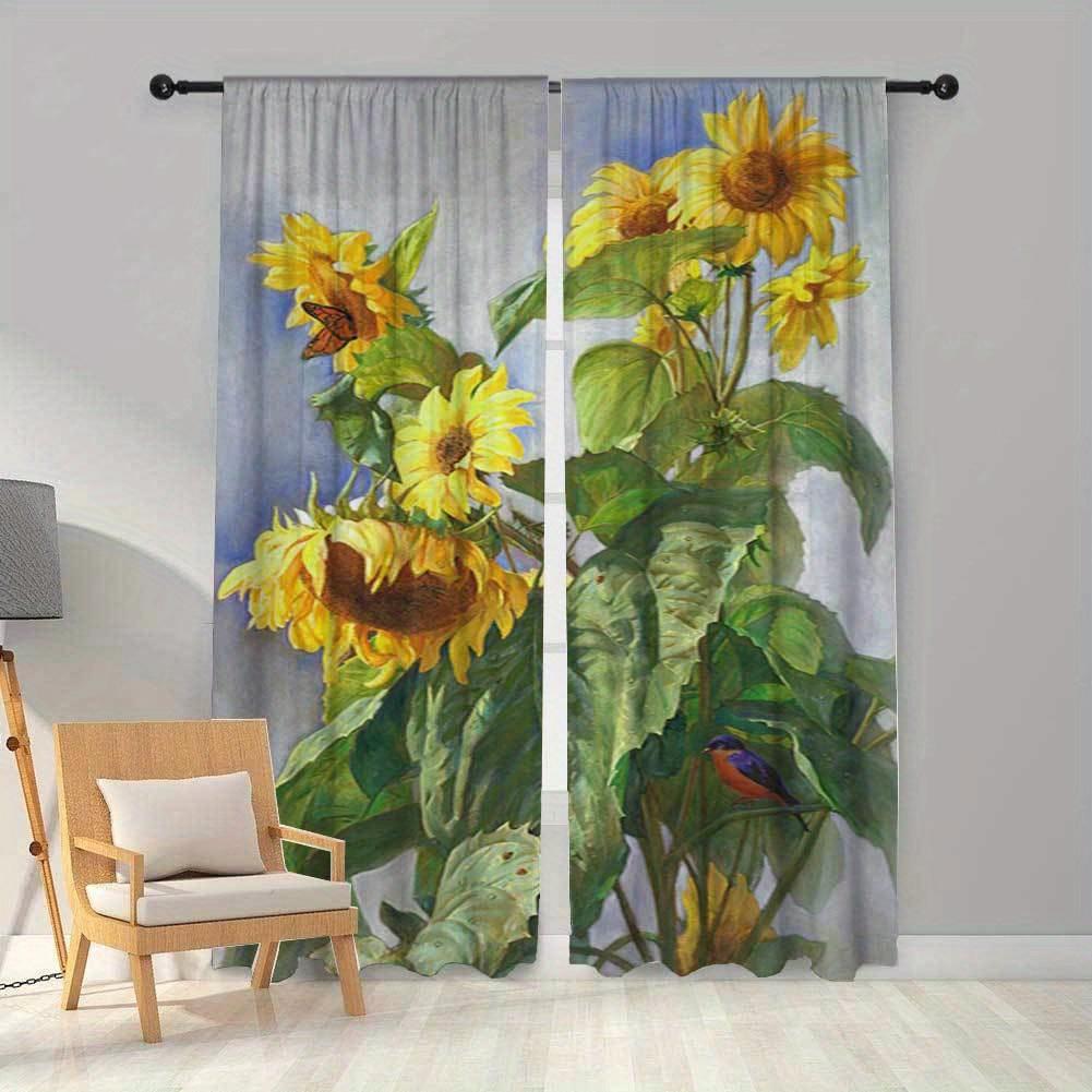 Glamourozowe zasłony okienne z nadrukiem słoneczników do salonu i sypialni - Kieszeń na karnisz Półprzezroczyste w stylu vintage Dekoracja domu