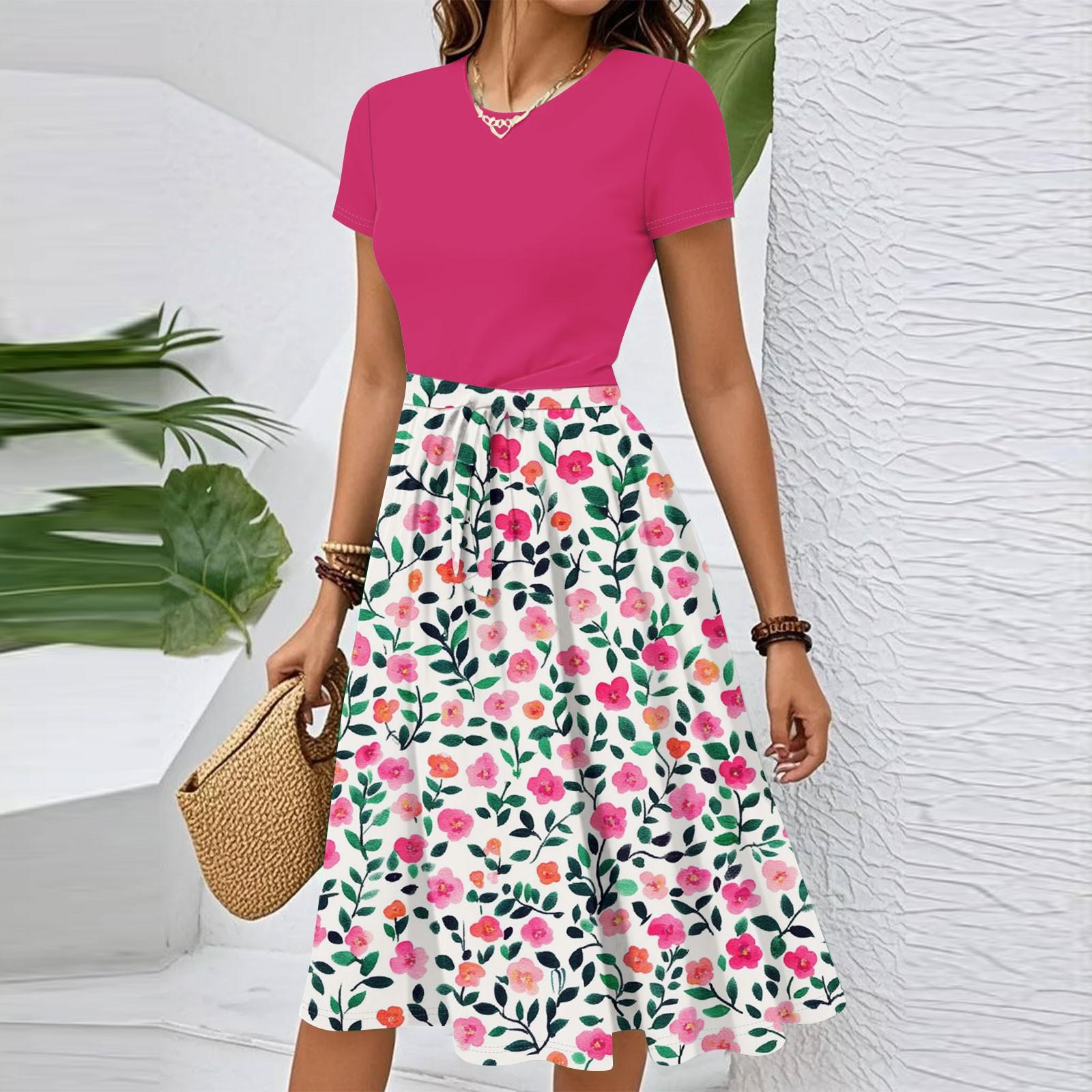 

Женское повседневное модное платье с поясом, цветочным принтом, коротким рукавом и круглым вырезом, элегантное струящееся платье XL