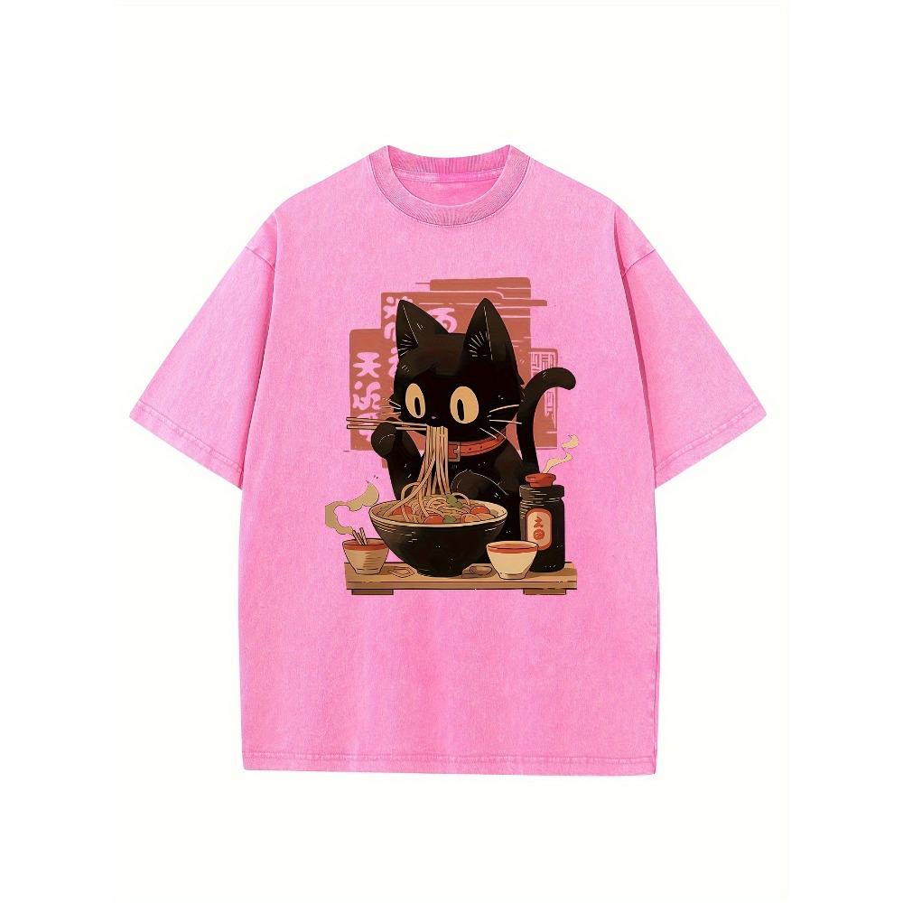 

Высококачественная футболка из чистого хлопка в стиле ретро с вышивкой в виде кота и лапши. Летний наряд. Круглый вырез, короткий рукав. 3XL