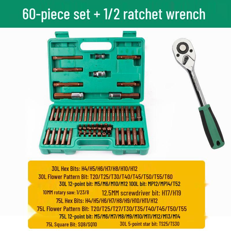 60-Piece Spline Socket Wrench Set: 12-Point Star & Torx Bits for Auto Repair