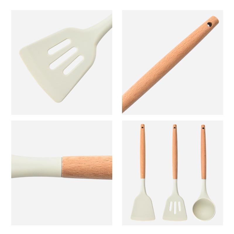 Home Cooking Spoon Frying Spatula Silica Gel Kitchen Tools Wooden Handle Silica Gel Spatula High Temperature Pot Spatula