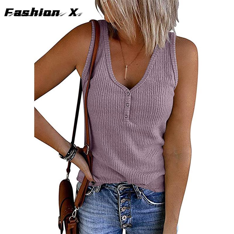 Summer New Europe and The United States Women's Buckle Knitted Undershirt Solid Color V-neck Sleeveless Blouse Female