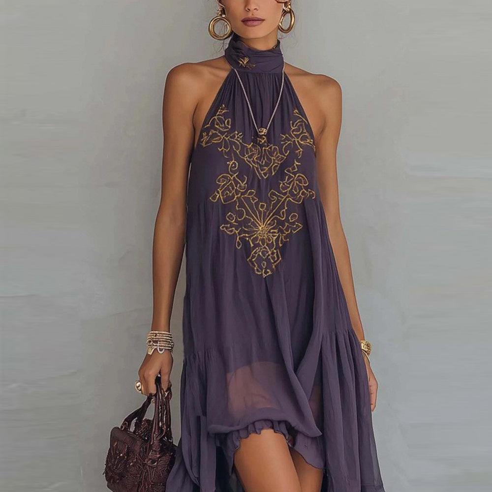 New European and American Purple Turtleneck Printed Long Dress Casual Fashion Ruffle Edge Dress