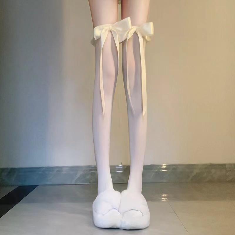 

Women s Summer Thin Velvet Bowknot Ribbon JK Thigh High Stockings Sweet Lolita Princess Style Solid Color Sheer Overknee Socks One Size молоко, білий колір