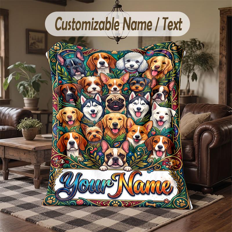Diverse Dogs Harmony Theme Throw Blanket Custom Name Text Personalized Blanket Soft Cozy Blanket for Home Sofa Bed