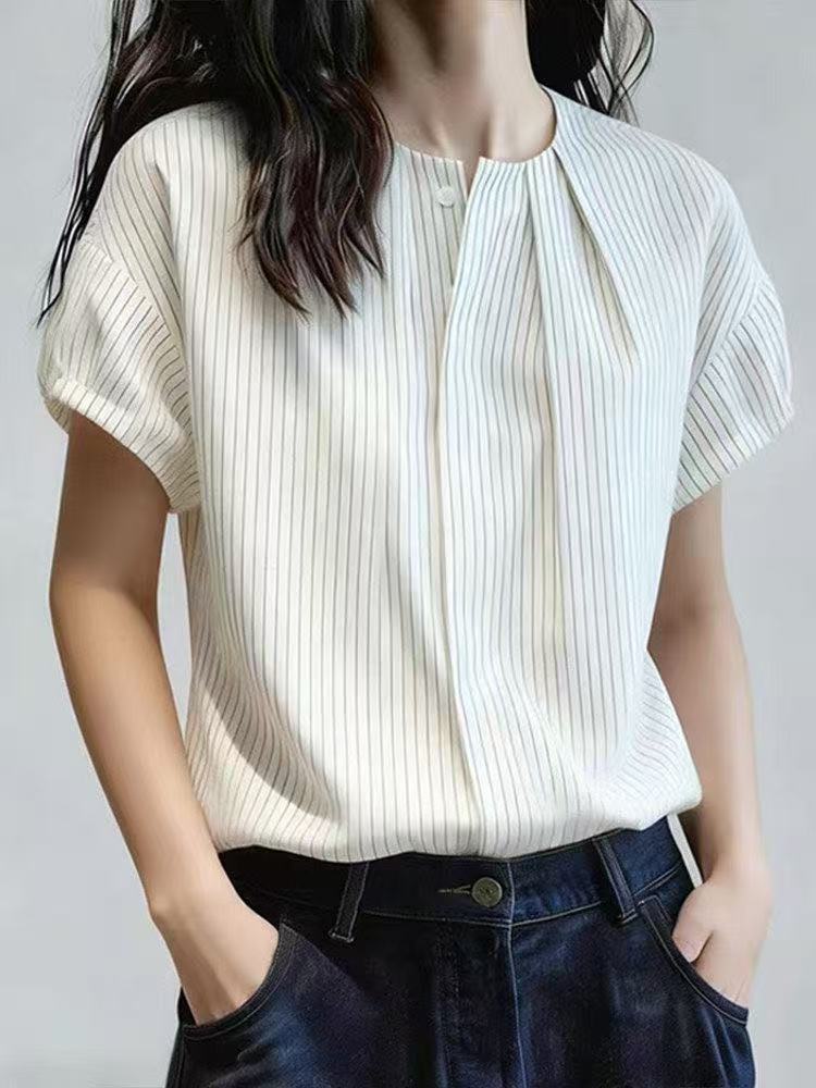 French Striped Short-sleeved Shirt Women's 1116 Summer New Foreign Style Age Reduction Loose and Thin Design Pleated Top