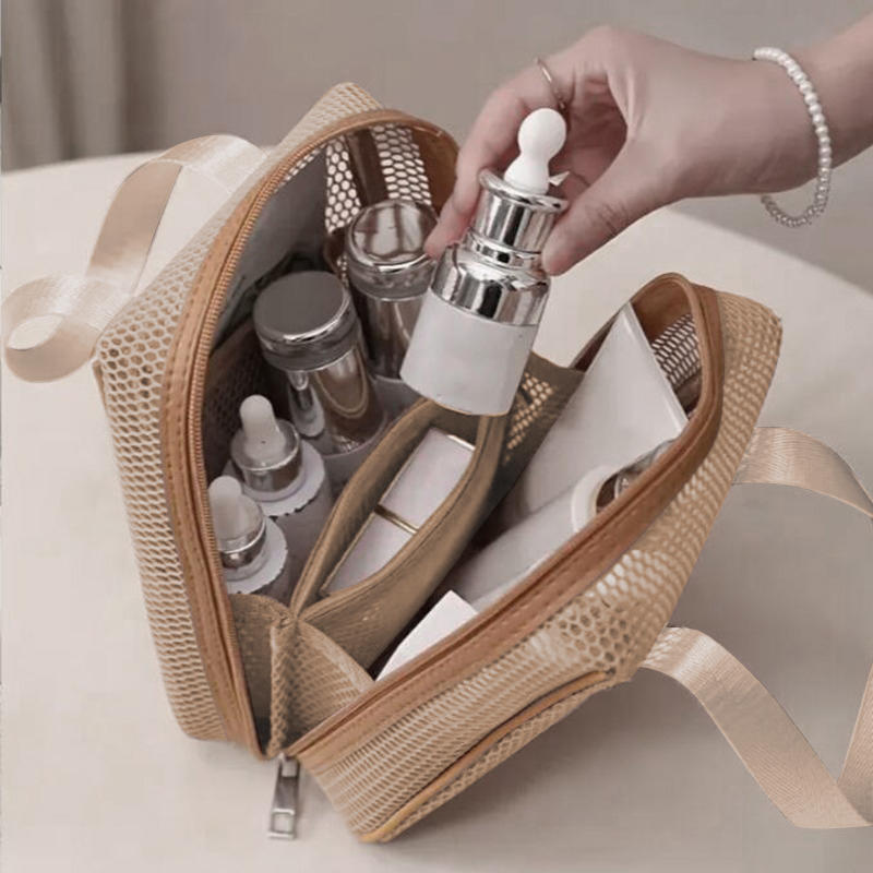 Portable Solid Color Mesh Cosmetic Bag Lightweight Space Saving Zipper Bags Large Capacity Travel Toiletry Storage Handbag