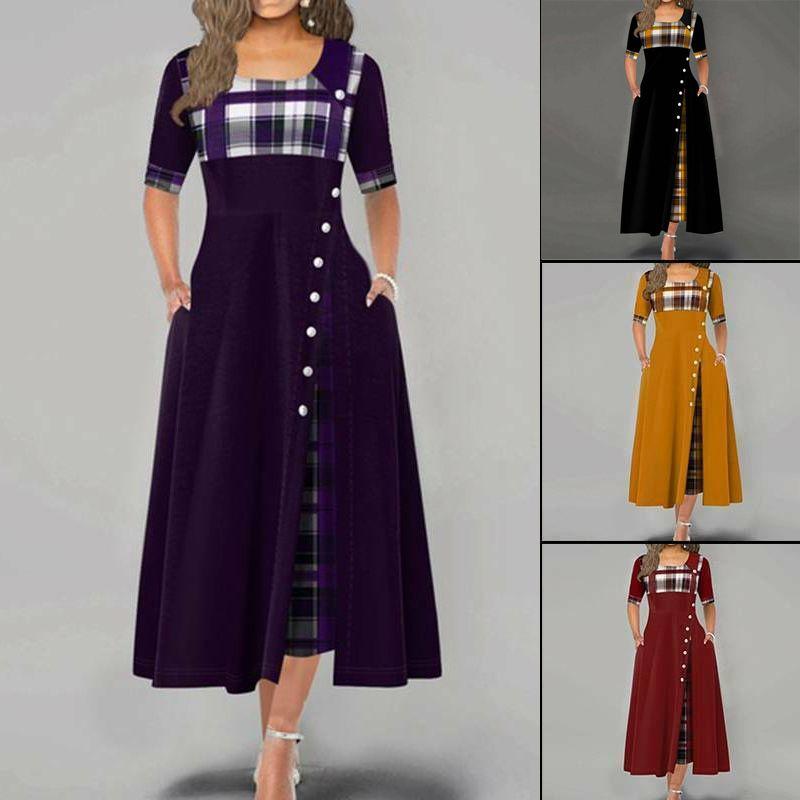 Casual Women Irregular Plaids Button Maxi Dress Half Sleeve Plus Dress Size