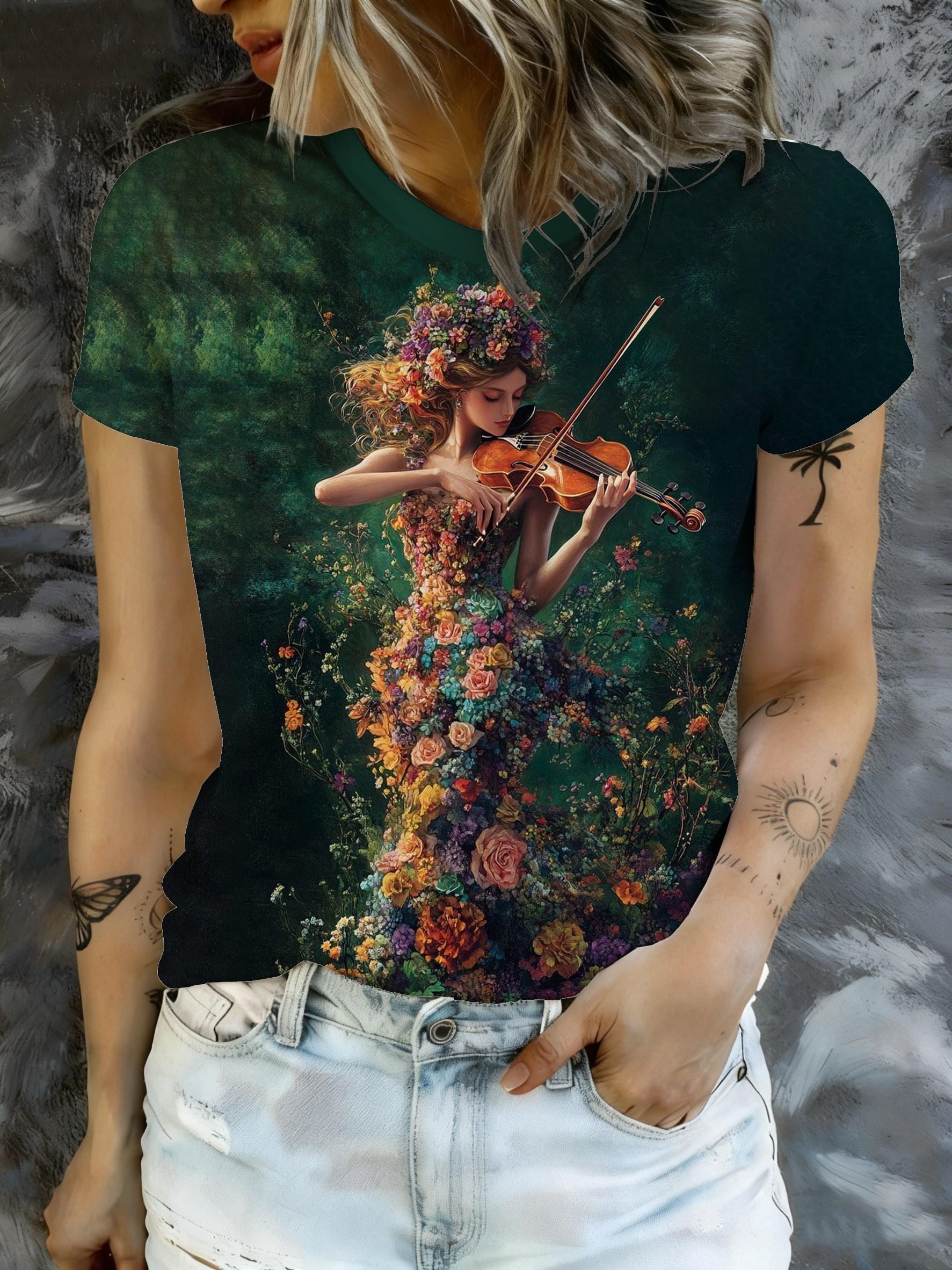 

Round-neck Artistic Elf Style Short-Sleeve T-Shirt with a Dreamy Print of Forest Musical Notes. a in a Floral Dress. and a Violinist Playing Softly. A S дубильная кора