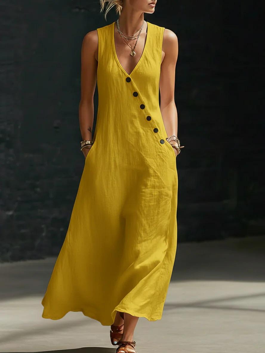 2026 European American Women s V-neck Sleeveless Casual Vacation Tank Dress S жёлтый