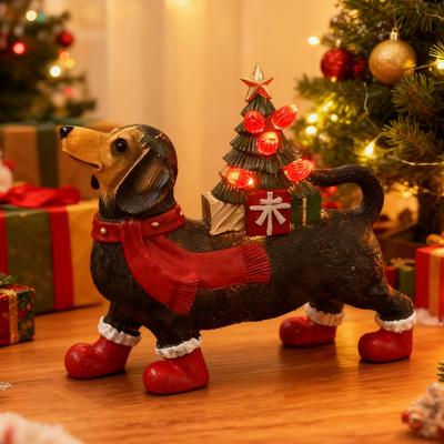 Décoration de Noël Teckel Figurine de Chien en Résine avec Écharpe Bottes Moule Soufflé Lumineux Ornement de Vacances pour Arbre de Noël