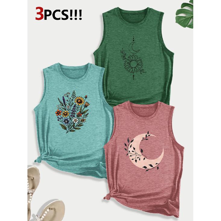 Dog Lover Paw Print Combination Gift Printed Pattern Round Neck3Pack of Sleeveless Vests for Women In Spring, Summer, and Autumn