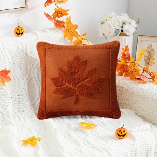 Fall Throw Pillow Cover 18"x18" Plush Pumpkin Pillow Cover Fluffy Maple Leaf Decorative Cushion Cover for Sofa Bedroom Car