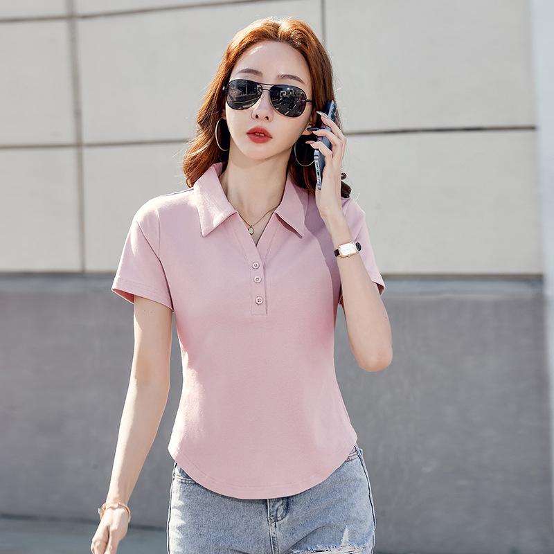 Women's Summer Slim Fit Solid Color Button Short Sleeve Top