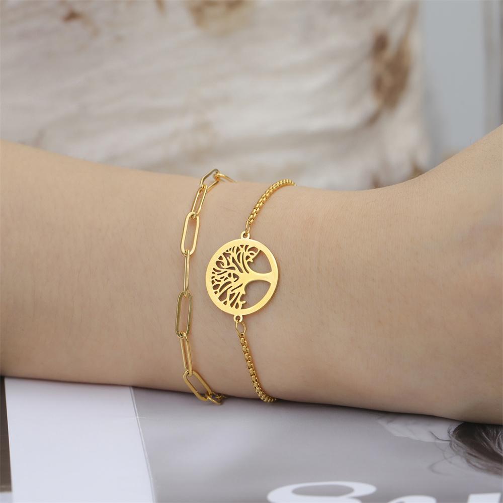 My Shape Flower of Life Bracelets 2 Layers Chains Combination Bracelet Stainless Steel Bangle Tree of Life Charms Jewelry Amulet