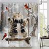 Merry Christmas Shower Curtain Cute Cat Red Bird Winter Snowflake Forest Snowy Xmas Holiday Polyester Fabric Bathroom Decor