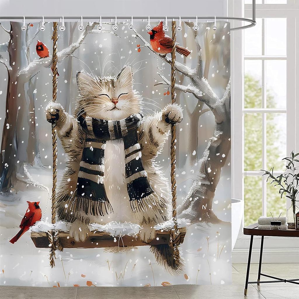 Merry Christmas Shower Curtain Cute Cat Red Bird Winter Snowflake Forest Snowy Xmas Holiday Polyester Fabric Bathroom Decor