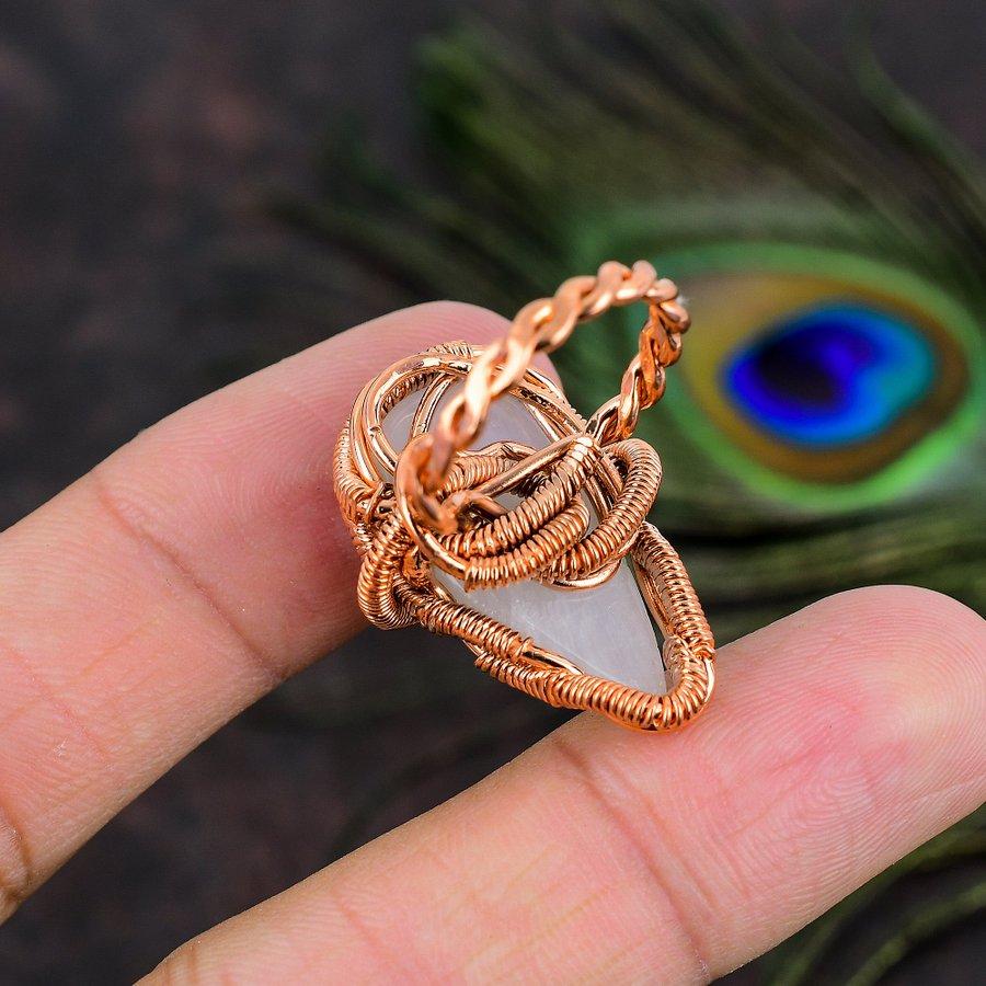Natural Rainbow Moonstone Gemstone Handmade Copper Wire Wrap Ring Size 8 Z3F15