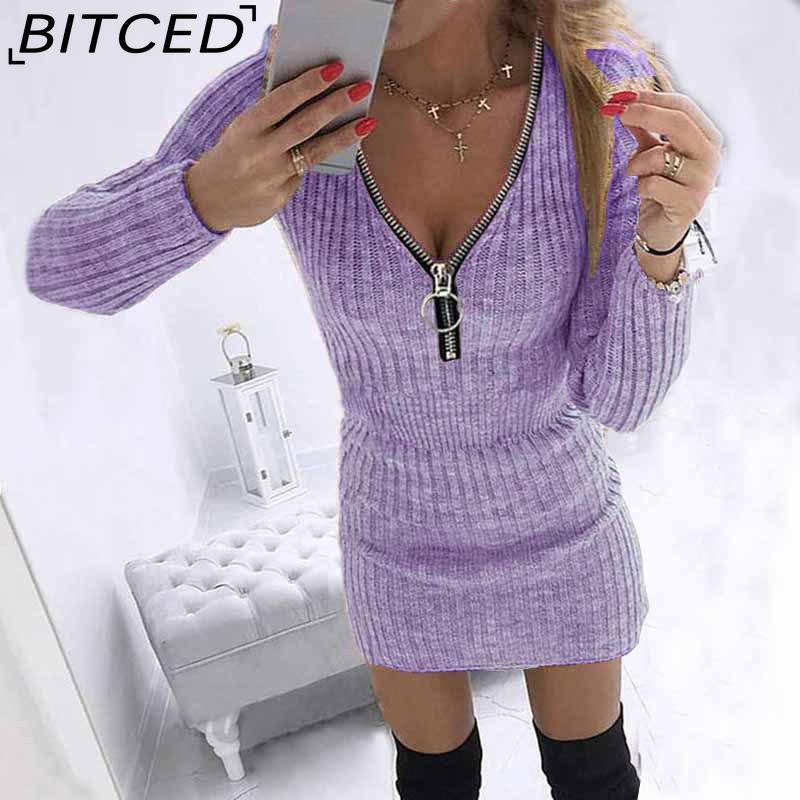 BITCED S-5XL Autumn Winter Womens Wrap Skirts Zipper Waist Long Sleeve Knitted Dress Hips