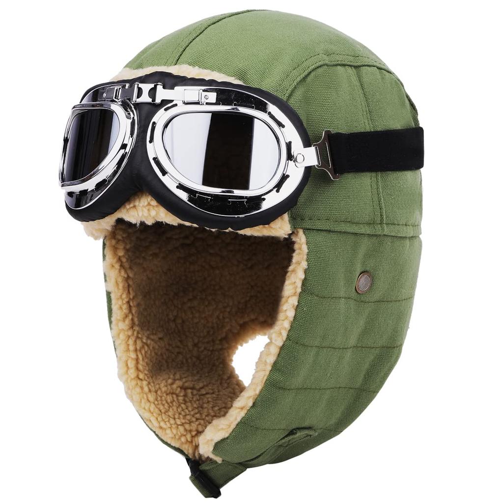 [lapset] Furry Pilot Flight Cap with Goggles – Warm Winter Aviator Hat with Ear Flaps for Men & Women, Green