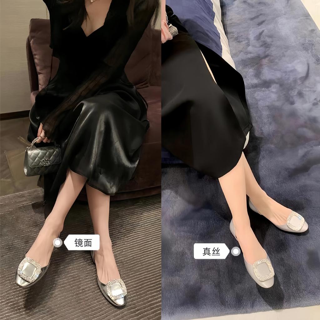 Sheepskin Version of Grape Mother, the Same Spring and Summer New Fairy Square Diamond Buckle Shallow Mouth Shoes Hollow Sandals Women's Flat Shoes