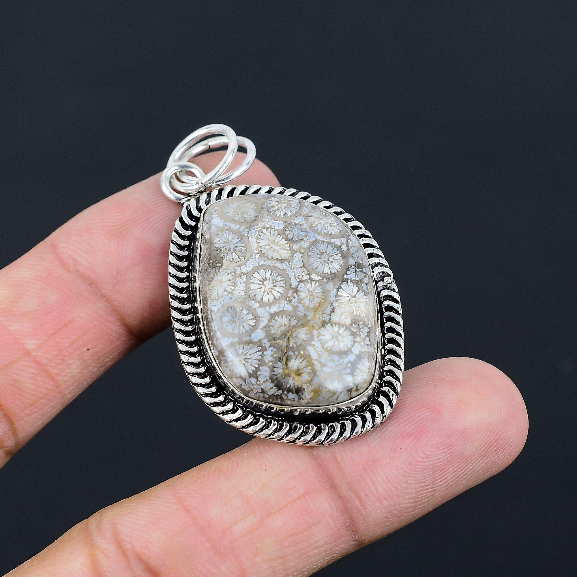 Sterling Silver Marquise Root Chakra Fossil Coral Gemstone Wedding Bezel Pendant