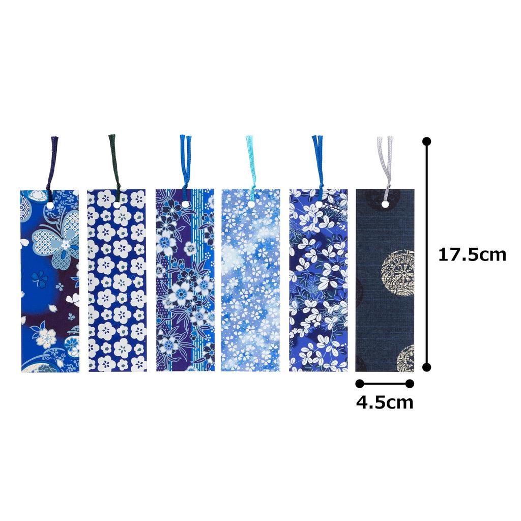 Kawasumi Washi Yuzen Washi Set of 18 Stencil-Dyed Bookmarks, Blue, A+B+C