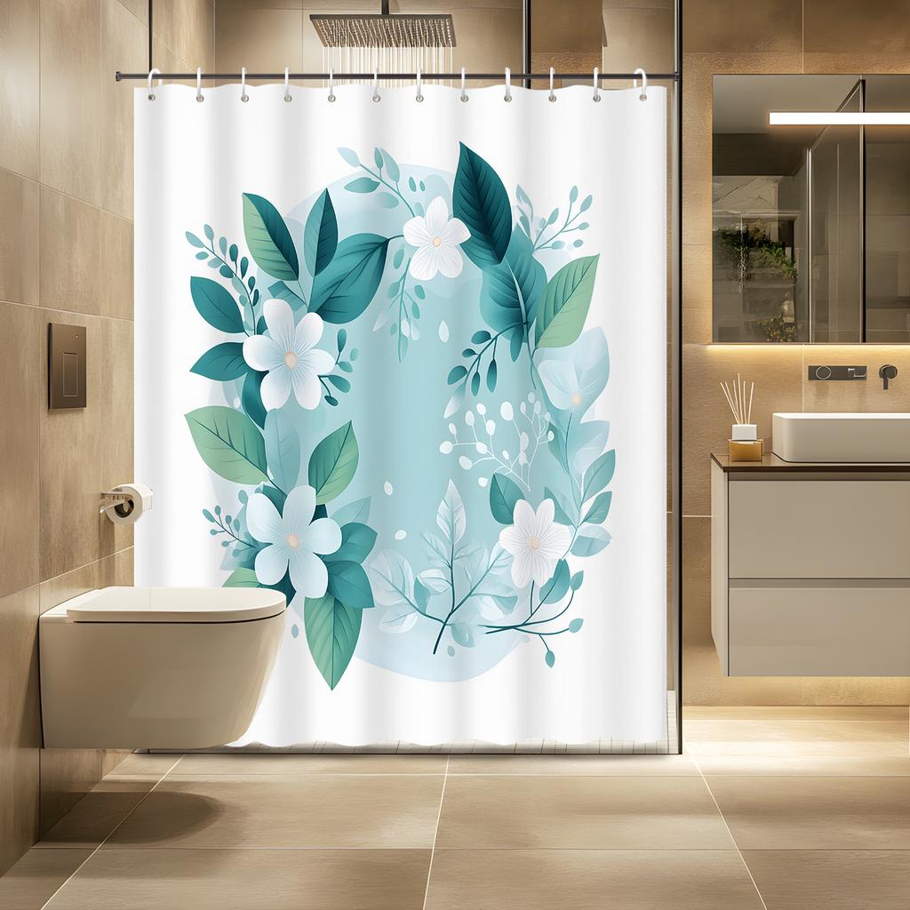 1pc Modern Floral Shower Curtain - Water-Resistant Polyester, 12 Hooks, Machine Washable, Artistic Grommet Top