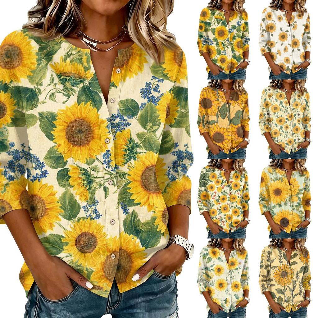 Women's Vintage Floral Print Henley Button Neck Three Quarter Sleeve Linen Cotton Shirt Casual Lightweight Blouse for Everyday Wear