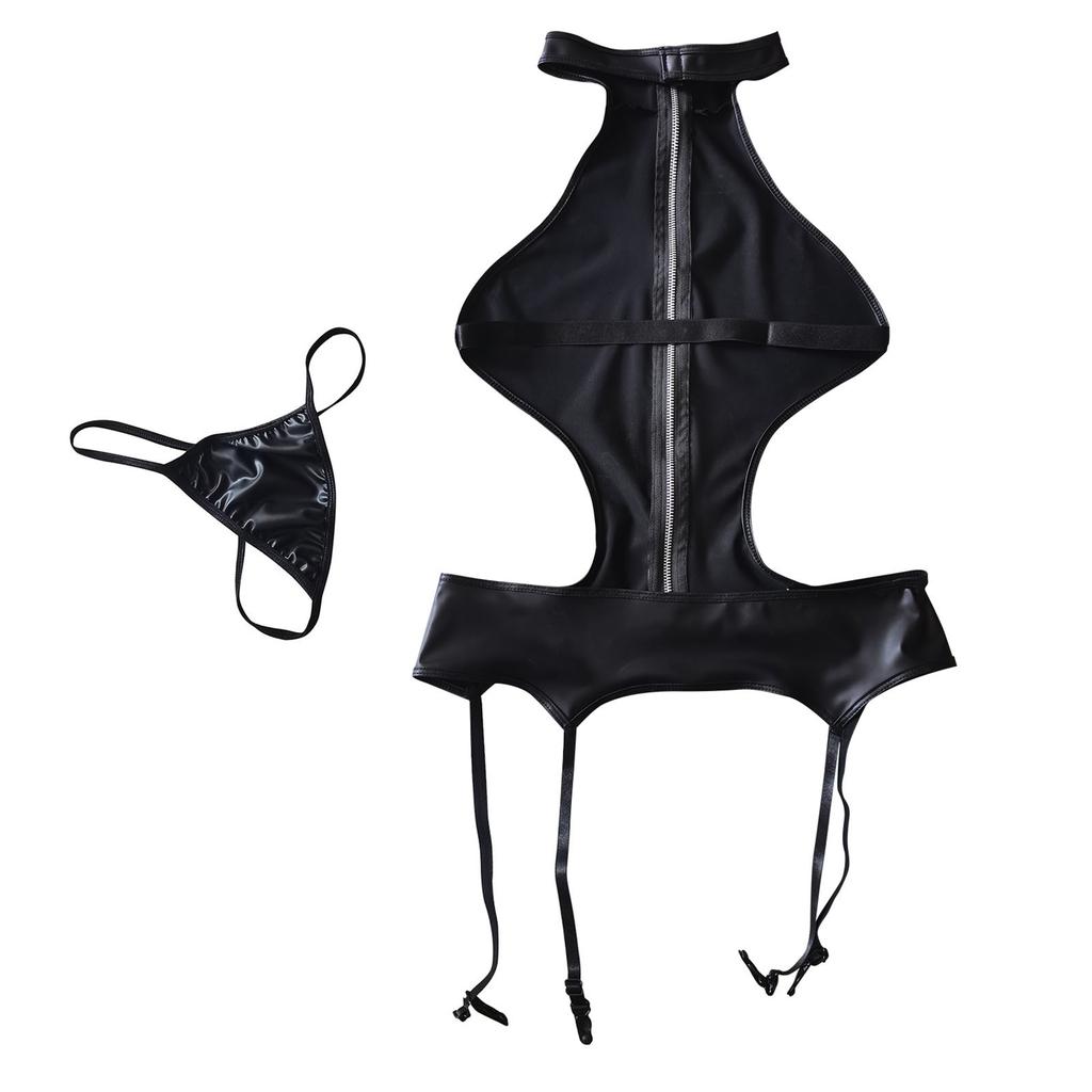 European and American sex underwear, sexy women's patent leather hollow neck underwear set