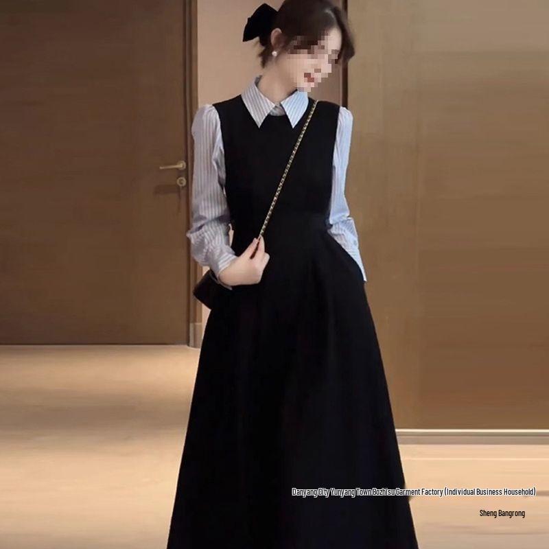 Conjunto de Vestido Camisa Largo de Algodón Azul Marino y Negro para Mujer Estilo Hepburn Francés Otoño