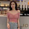 Women's Top Ruched V Neck Solid Short Sleeve Knitted Slim Crop Tops T-Shirt