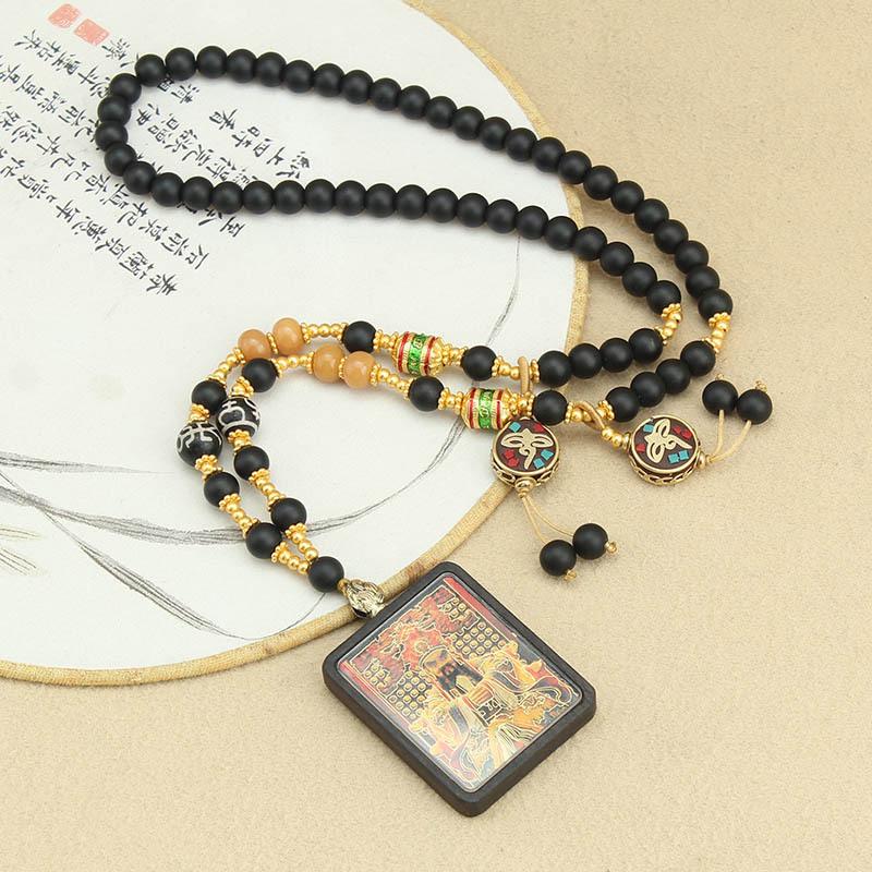Retro Tibetan Thangka Black Sandalwood Necklace, Yellow Jambhala Ethnic Sweater Chain for Women & Men