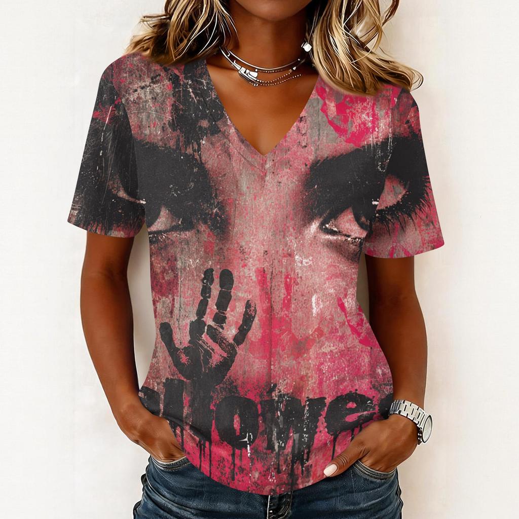Women's Casual Short Sleeve V Neck Pullover Top Halloween Print Lightweight Loose Fit Tee Shirt