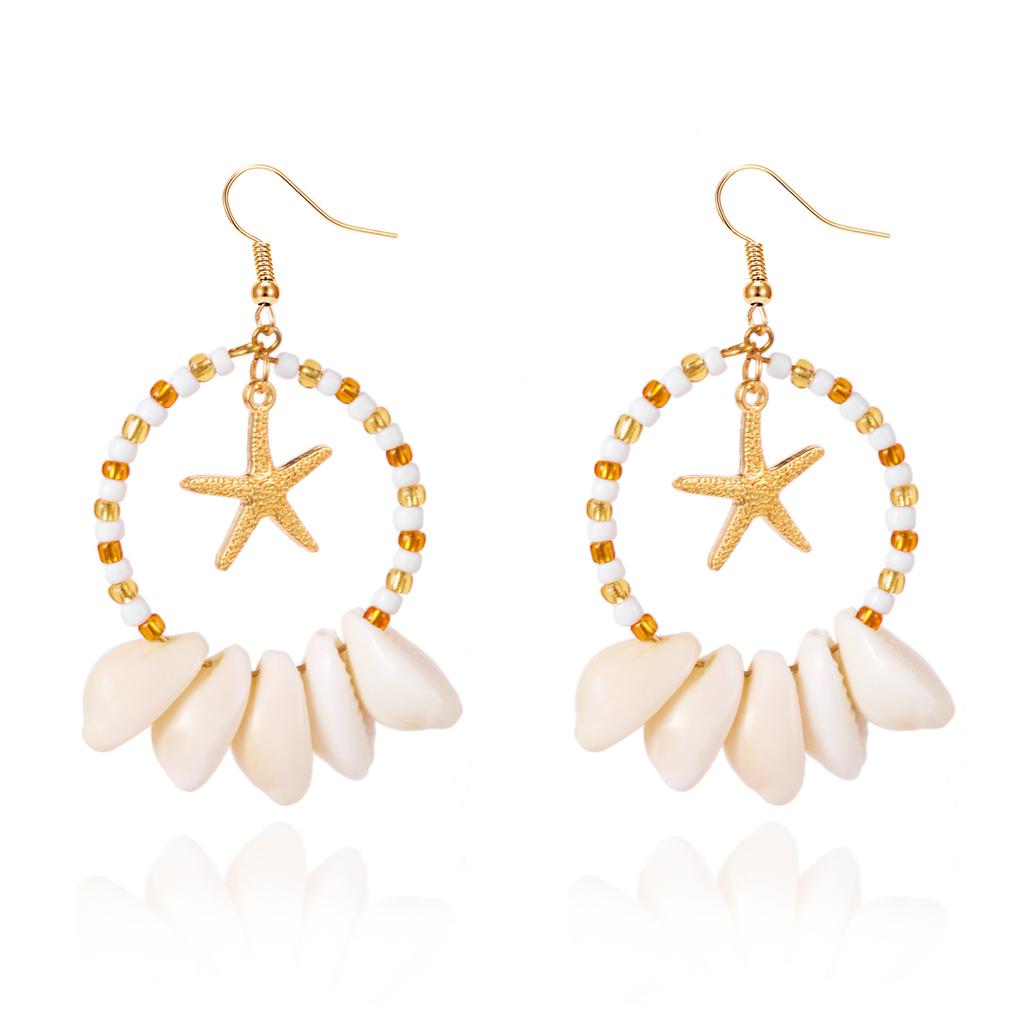 Asymmetric Starfish Shell Pendant Earrings For Women, Resin Geometric Circular Retro Popular Bohemian Style Jewelry Gift