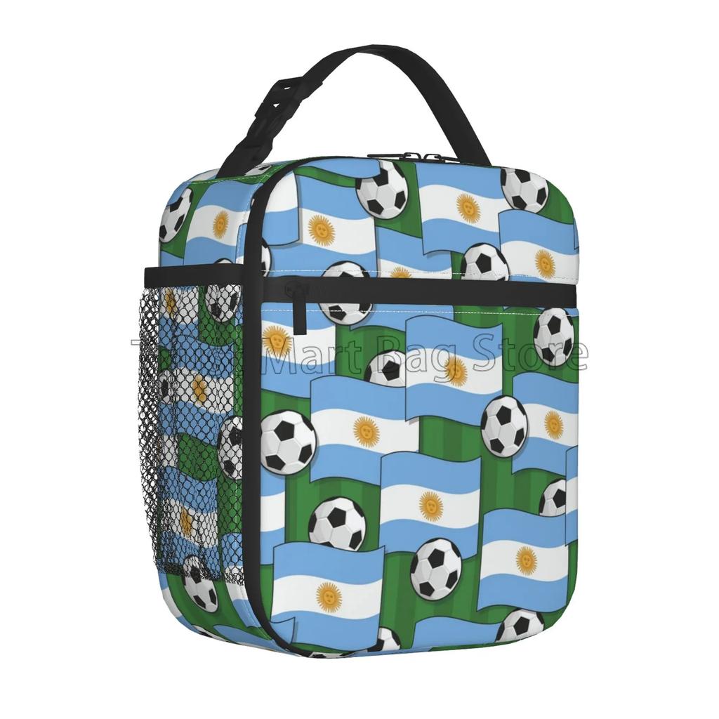Argentina Flag Soccer Print Insulated Lunch Bag Waterproof Thermal Lunch Box Reusable Portable Cooler Bento Tote Bag for Picnic