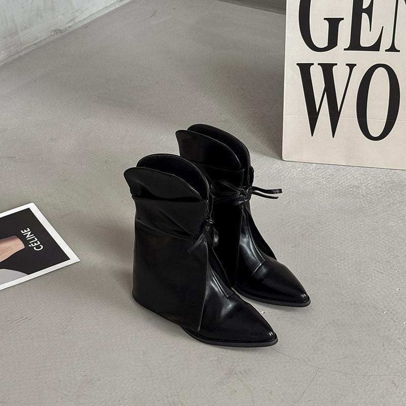 Fashion Bow Leather Boots Pointed High Heels Autumn and Winter Niche Design Sense Short Boots Comfortable Thick Heel Trousers Boots Women
