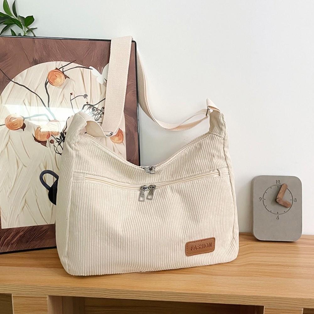 New Large Capacity Corduroy Tote Bag Multi-pocket Adjustable Strap Shoulder Bag Solid Color Crossbody Bag Travel Use