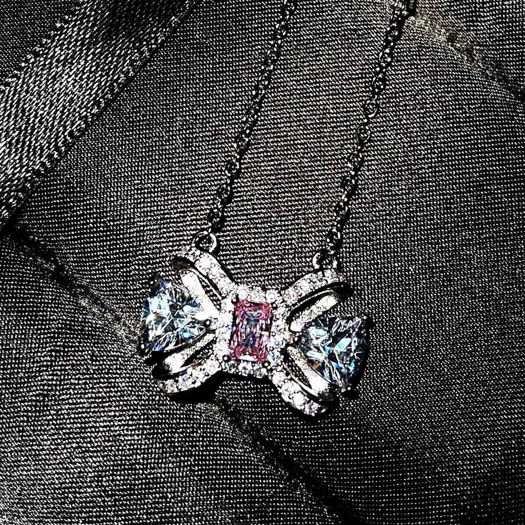 Light Luxury Cold Wind Summer Slightly Inlaid With Diamonds Bow Color Matching Earrings Temperament Collarbone Necklace Pink Diamond Ring