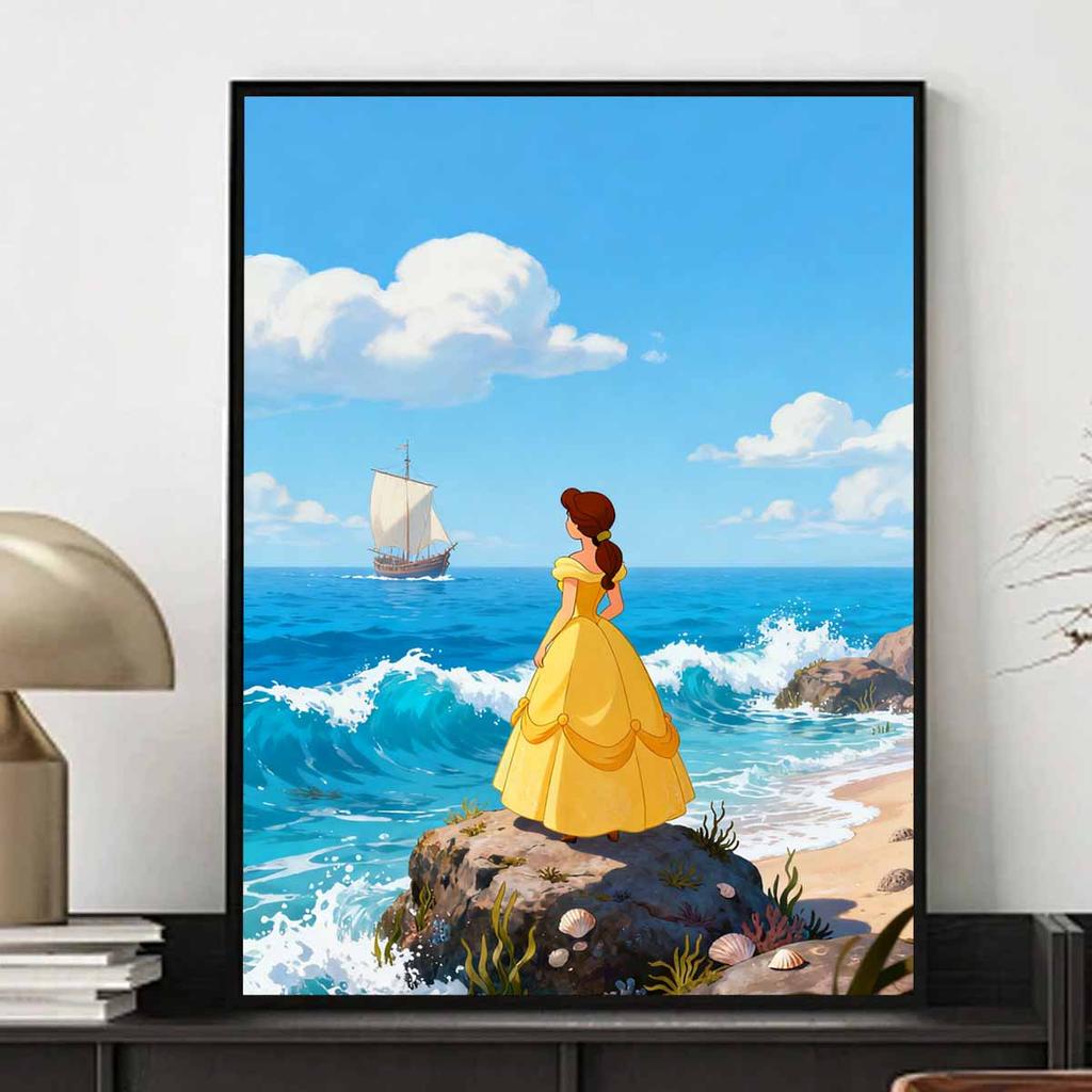 Disney Princess Belle 5D handmade diy diamond painting, home wall decoration with sailing ship and ocean waves
