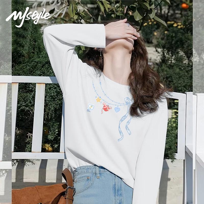MJ STYLE White Pure Cotton Loose Long Sleeve T-Shirt