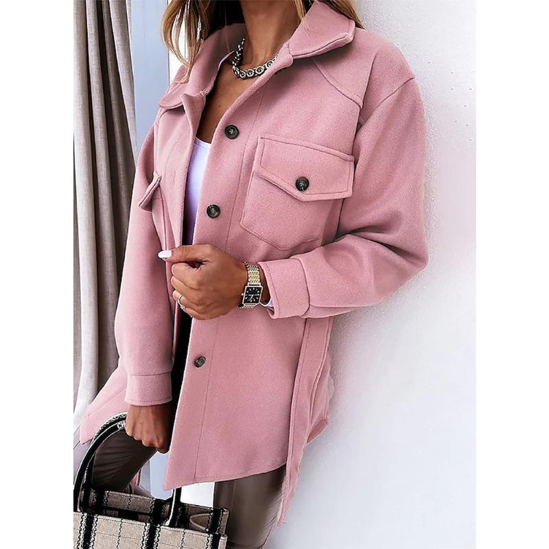 Autumn Winter Long Sleeved Cardigan Women Coats Plus Size Solid Color Casual Loose Simple Lapel Button Woolen Jackets Pockets Lace-up Women's Clothing