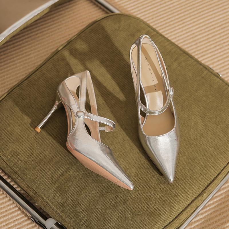 

8869 [sheepskin] high heels women s thin heels 2025 new pointed temperament light mouth hollow silver single shoes 39