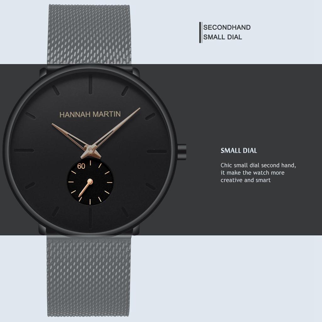 Hannah Martin Black Waterproof Dress Watch with Stainless Steel Band Men's Ultra-Thin (Blue)